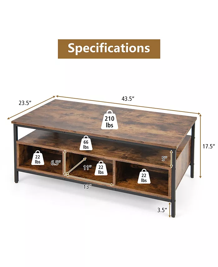 Costway Industrial Coffee Table with Open Storage Metal Frame Center Table