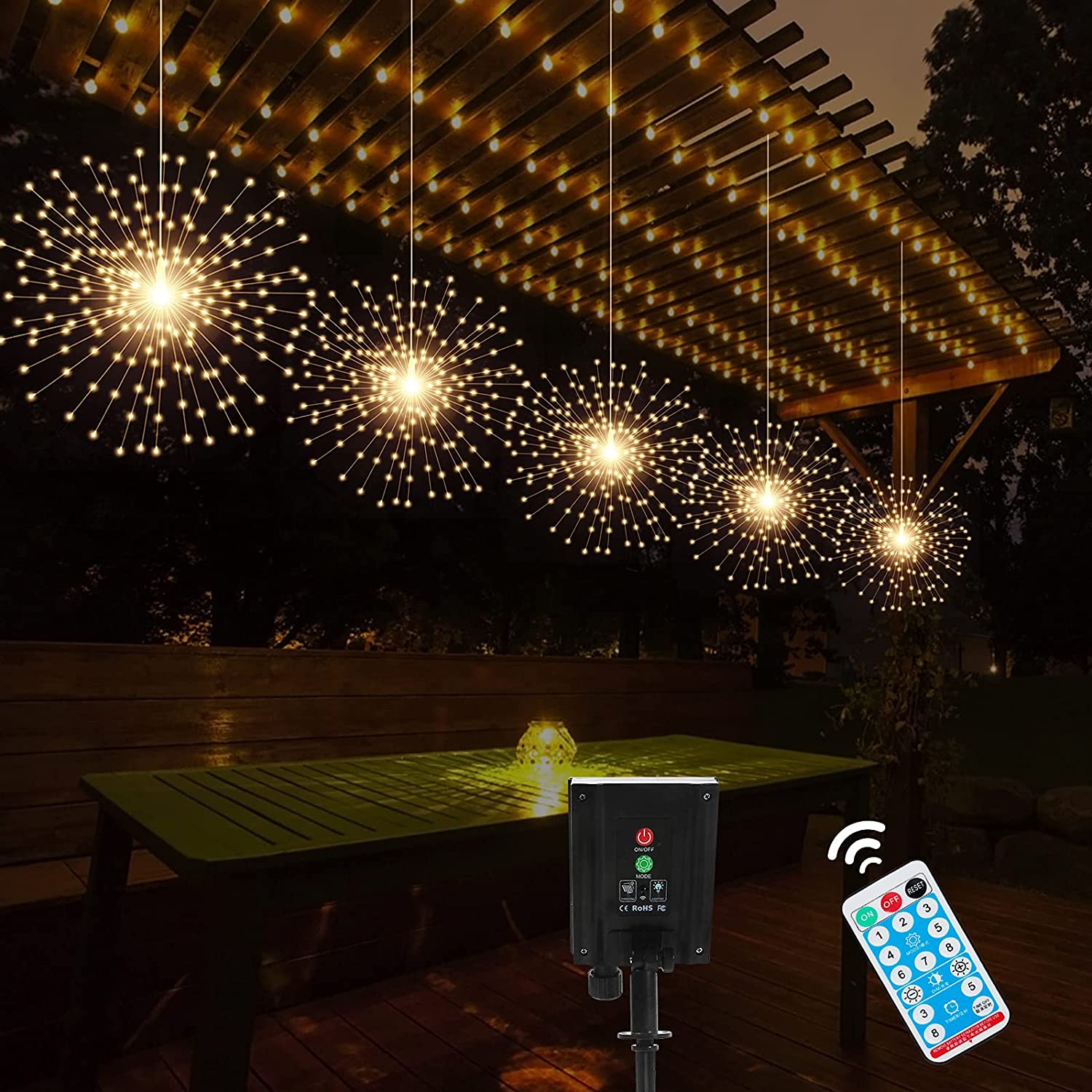 PXBNIUYA 5 Pack Solar Starburst Sphere Lights，200 LED Firework Lights， 8 Modes Dimmable Waterproof Hanging Fairy Light， Copper Wire Lights for Patio Parties Christmas (Warm White)