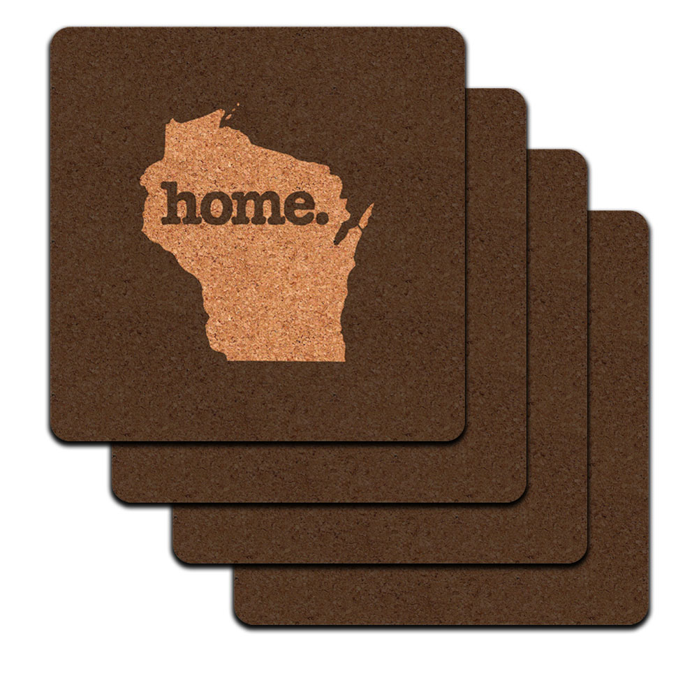 Wisconsin WI Home State Low Profile Cork Coaster Set - Solid Dark Grey Gray