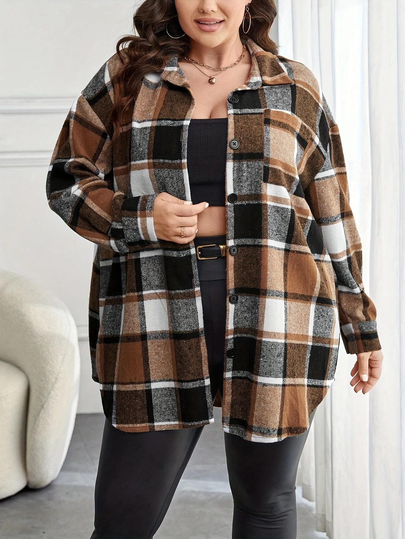 Elegant Plus Size Plaid Blouse with Lapel Collar, Button Details, and Pockets - 100% Polyester Non-Stretch Woven Fabric for Fall