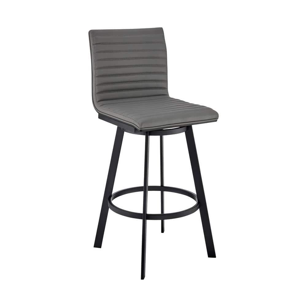 Armen Living Jermaine 30 in. Bar Height High Back Swivel Bar Stool in Matt Black with Grey Faux Leather 721535762019