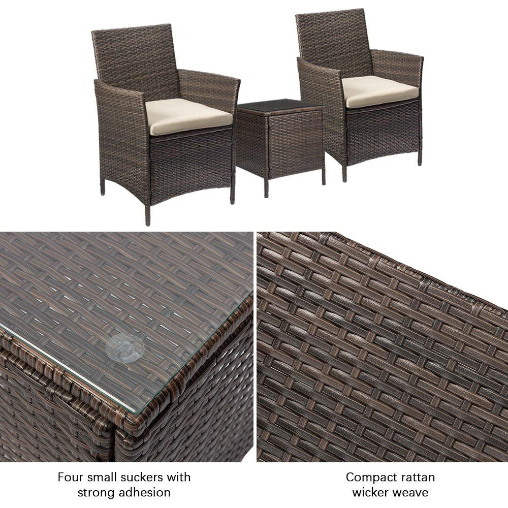 Lacoo 3 Pieces Outdoor Patio Furniture PE Rattan Wicker Table and Chairs Set Bar Set with Cushioned Tempered Glass, Brown/Beige, 2