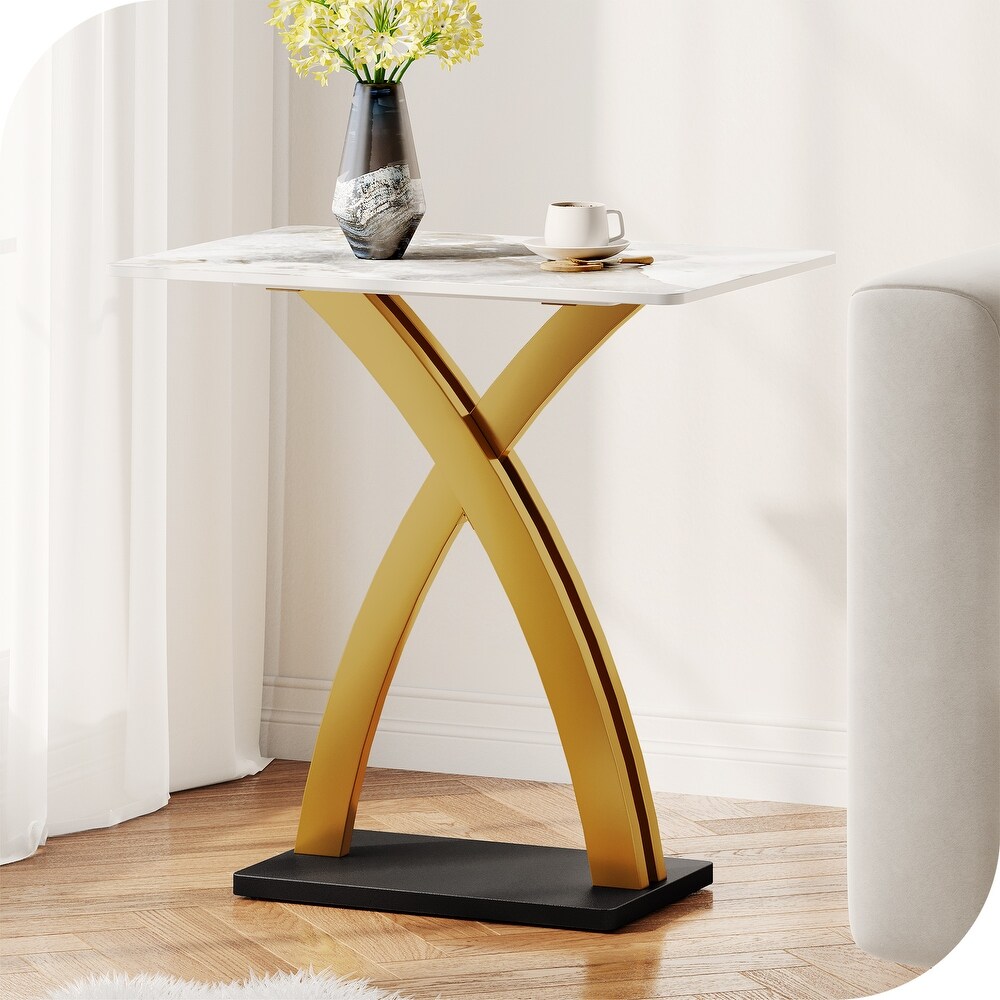 Modern Side Table with Slate Tabletop and Gold Carbon Steel Metal X Base