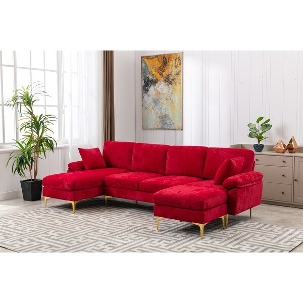 4-pieces European Style Polyester Sectional Sofa with Iron Feet， Removable Cushions， Ottoman Included