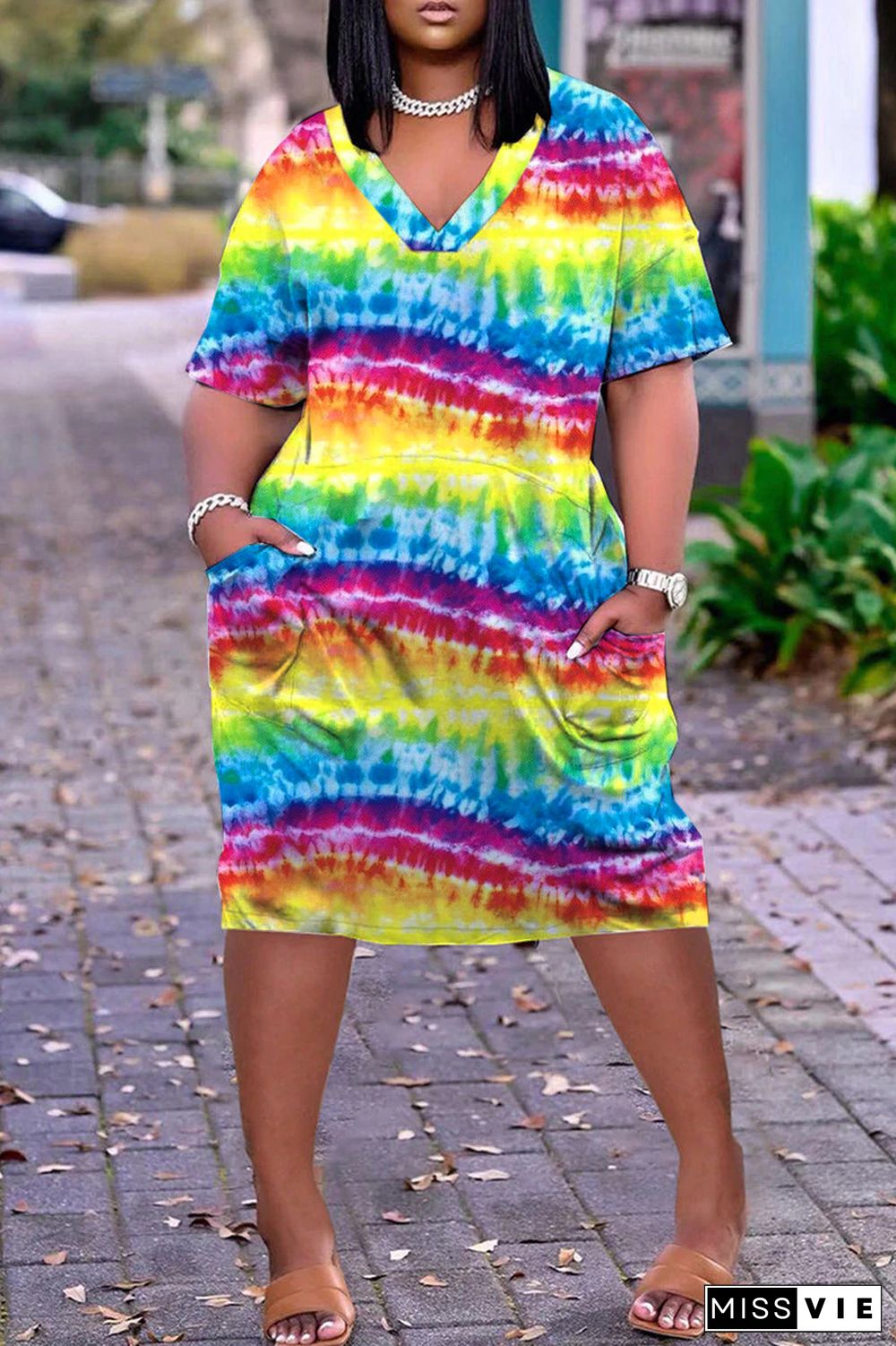 Multicolor Casual Print Patchwork V Neck Short Sleeve Dress