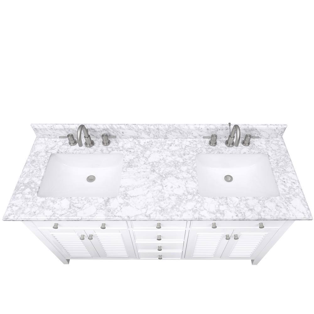 Home Decorators Collection Fallworth 61 in. W x 22 in. D x 35 in. H Bathroom Vanity in White with Carrara White Marble Top 19115-VS61-WT