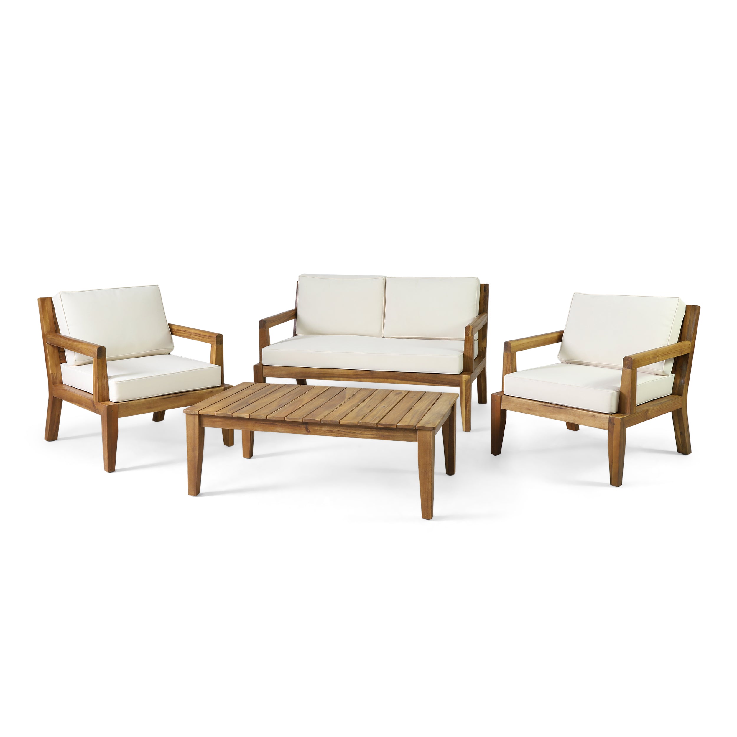 Camak Rossville Outdoor Acacia Wood Chat Set, Teak and Beige