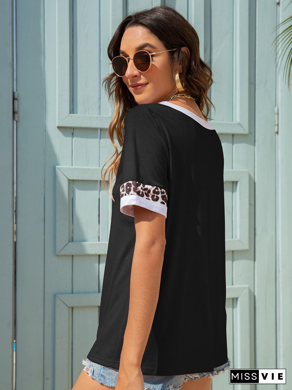 Leopard Patchwork V-neck Short Sleeves T-shirt