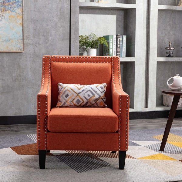 Linen Accent Armchair Living Room With Nailheads And Solid Wood Legs