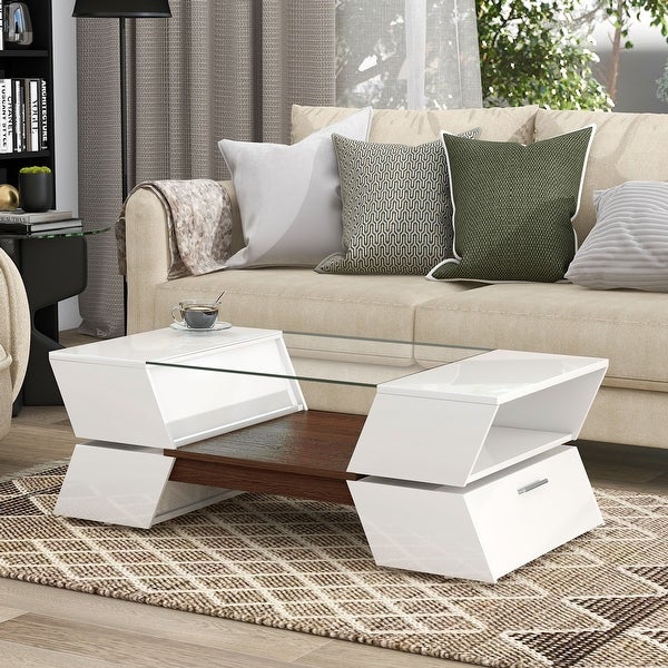 Modern 2-Tier Glass-Top Coffee Table With Open Shelves and Cabinets