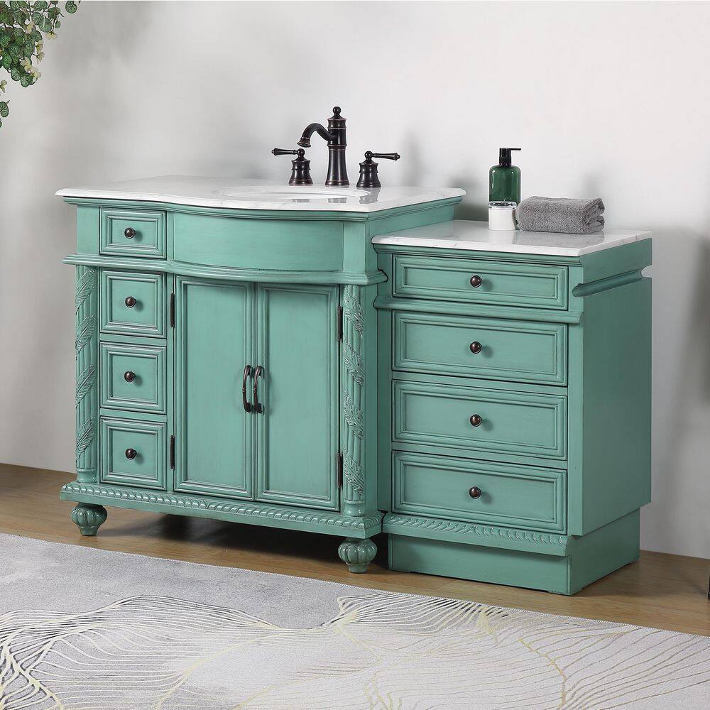 Silkroad Exclusive 55.5 in. W x 22 in. D x 36 in. H Freestanding Bath Vanity in Vintage Green with Carrara White Marble Top V0213NW56R