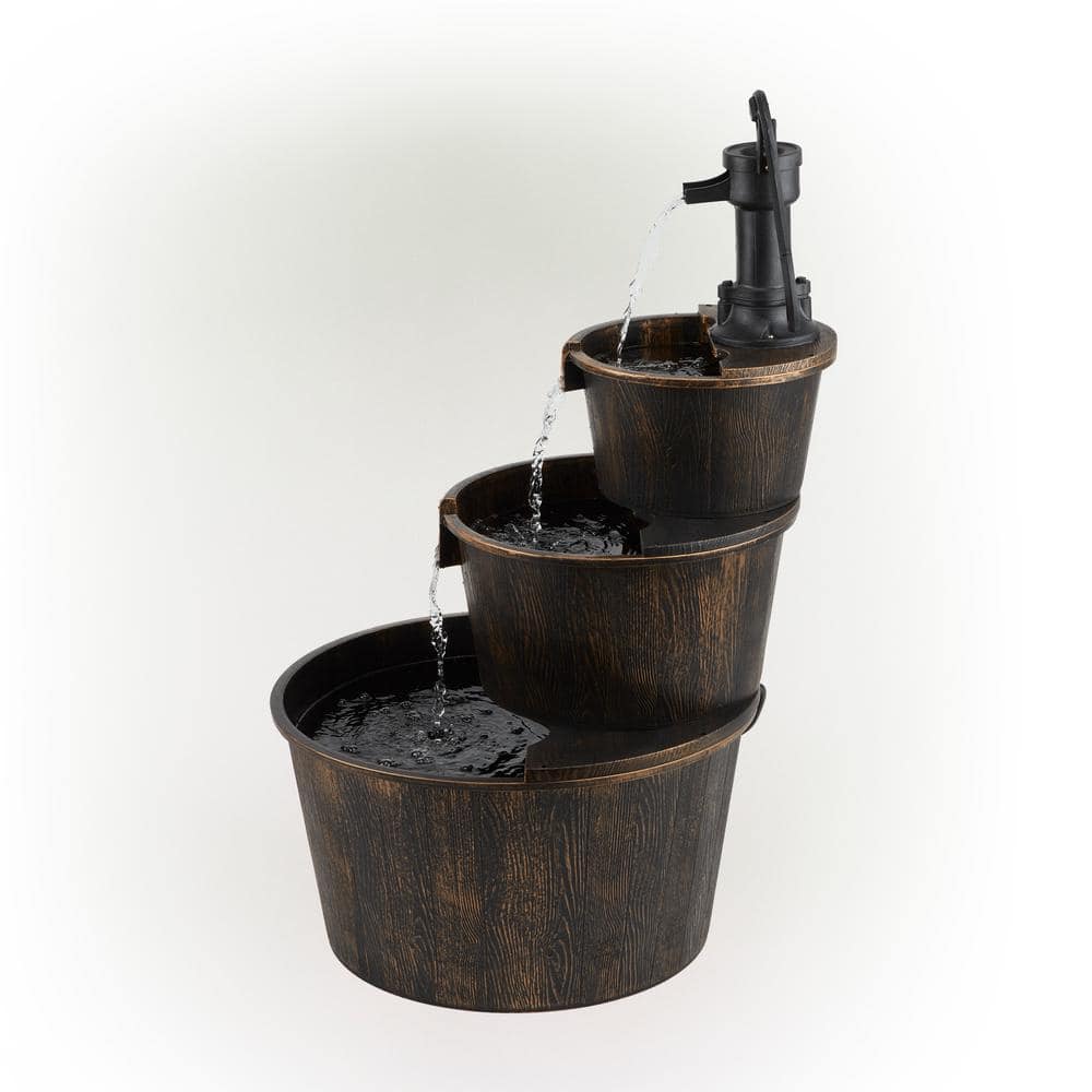 Alpine Corporation 40 in. Tall Outdoor 3-Tier Barrel Pump Waterfall Fountain, Brown TEC234BR