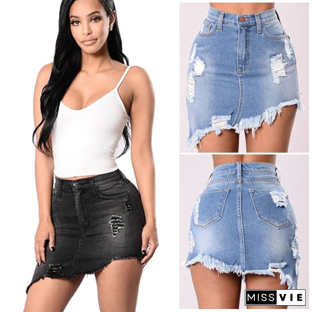 Fashion Women Ladies Ripped Tassel Hem Denim Jeans Short Mini Skirt Dress Plus