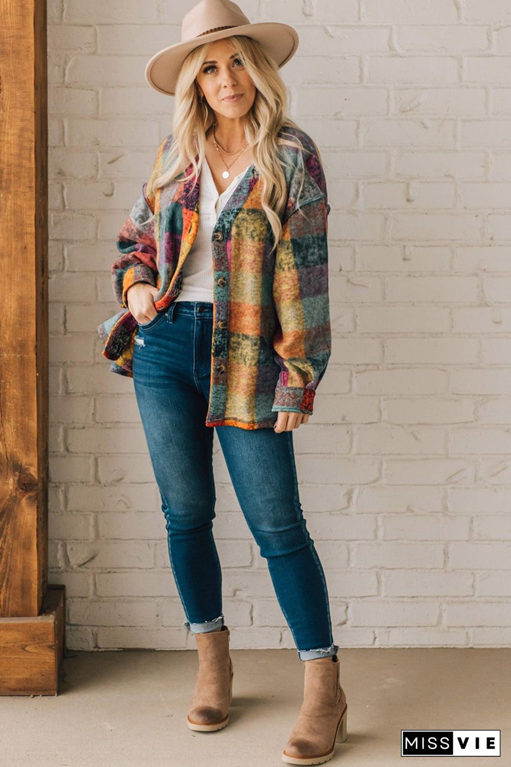 Multicolor Brushed Checked Western Buttoned Jacket