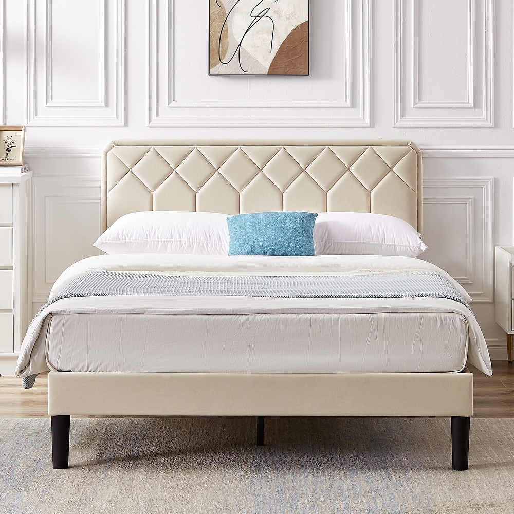 Upholstered Platform Bed Frame with Modern Adjustable Headboard  No Box Spring Needed