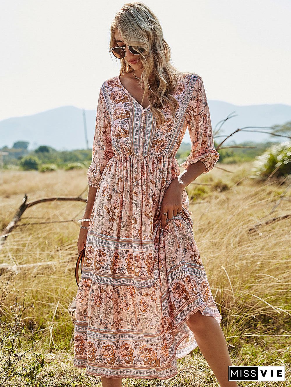 Button Up Elastic Waist Flowy V Neck Maxi Dress