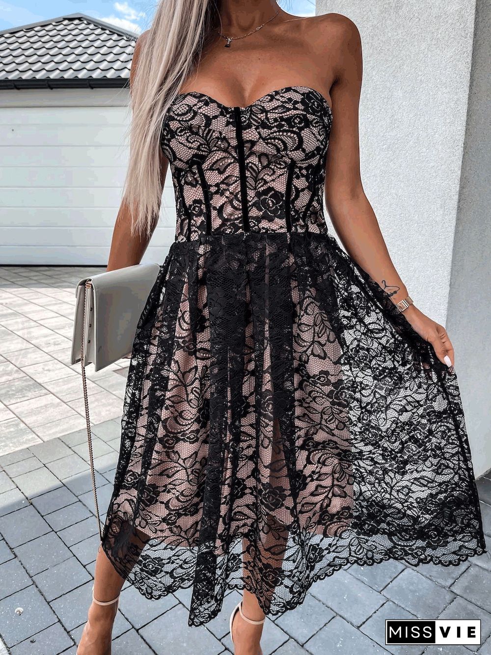 Women'S Dresses Tube Top Lace Mesh Sleeveless Dress