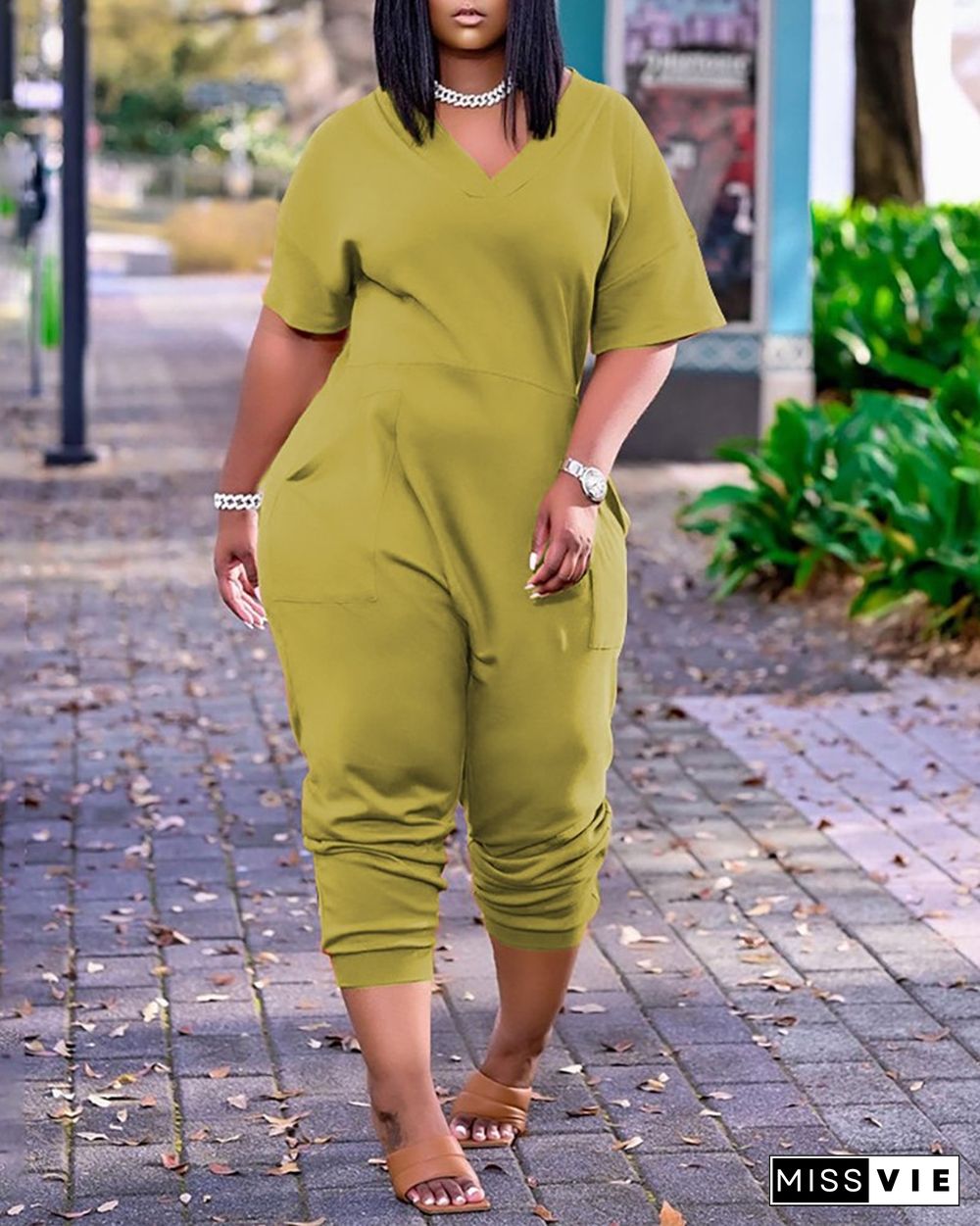 Pocket Design Plain Short Sleeve Jumpsuit