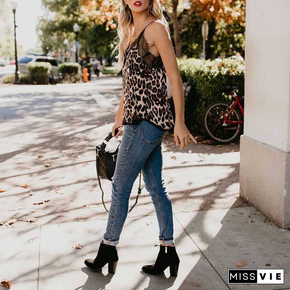 Retro Print Snake Leopard Lace Cami Tank Spaghetti Top