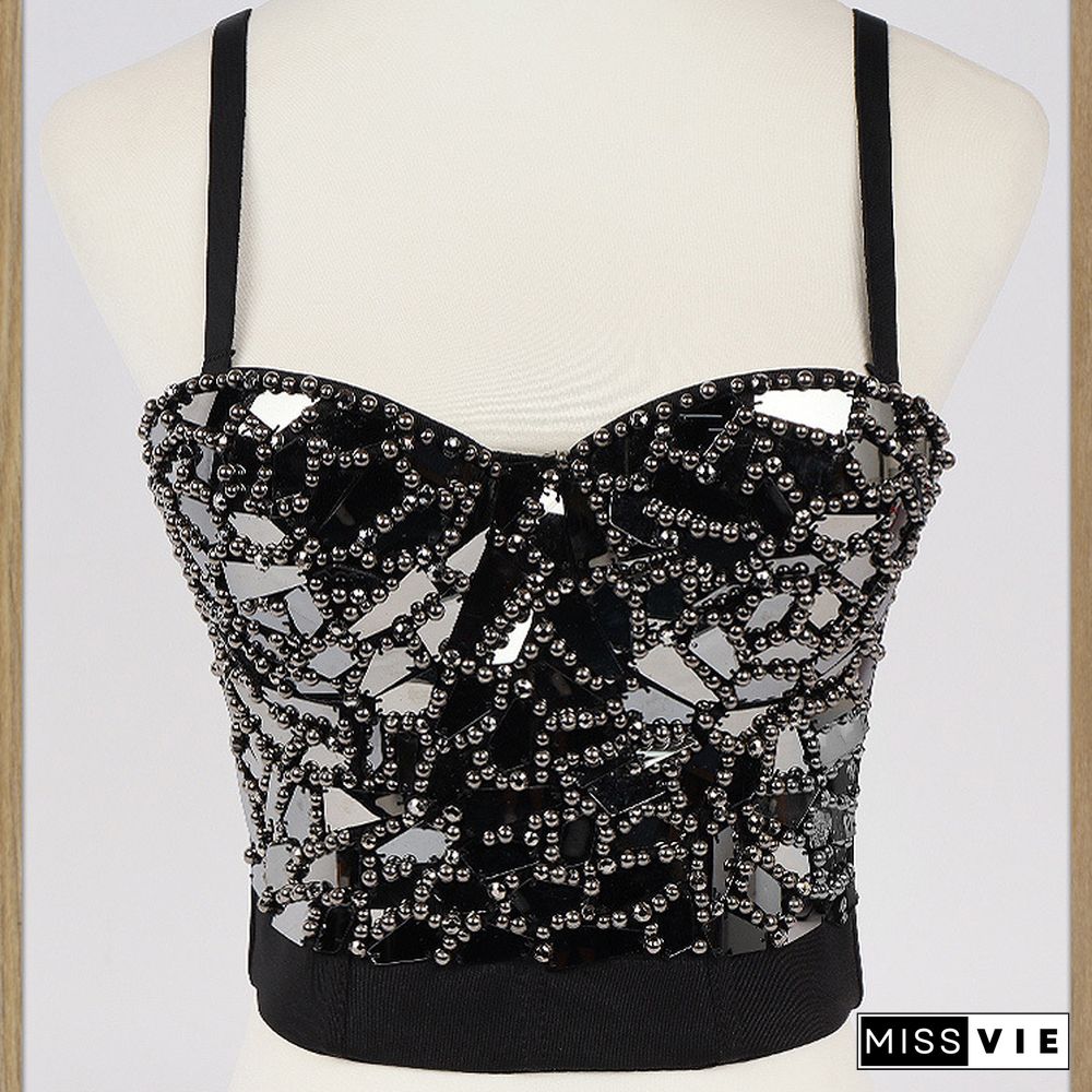 Sexy Beaded Diamond Sequins Women Camis Cropped Top Night Club Party Corset Crop Top To Wear Out Push Up Bustier Bra Db905