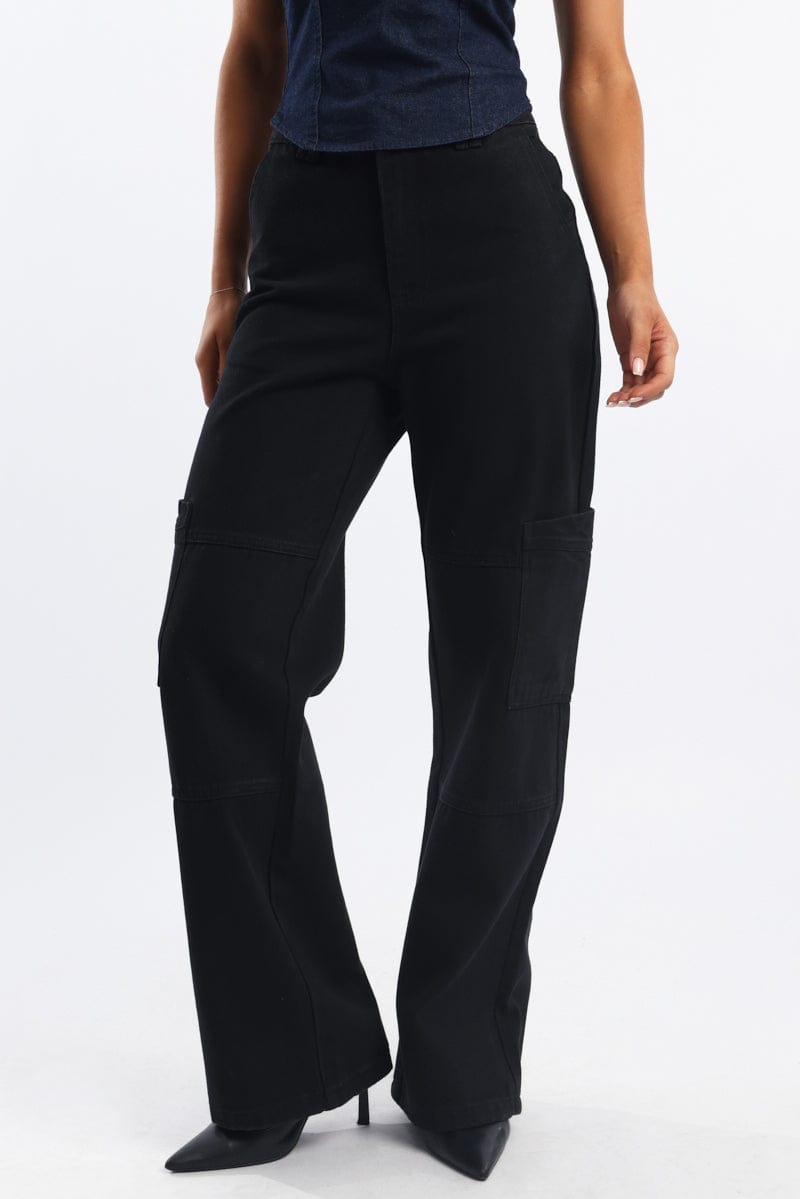 Black Cargo Denim Jeans Mid Rise