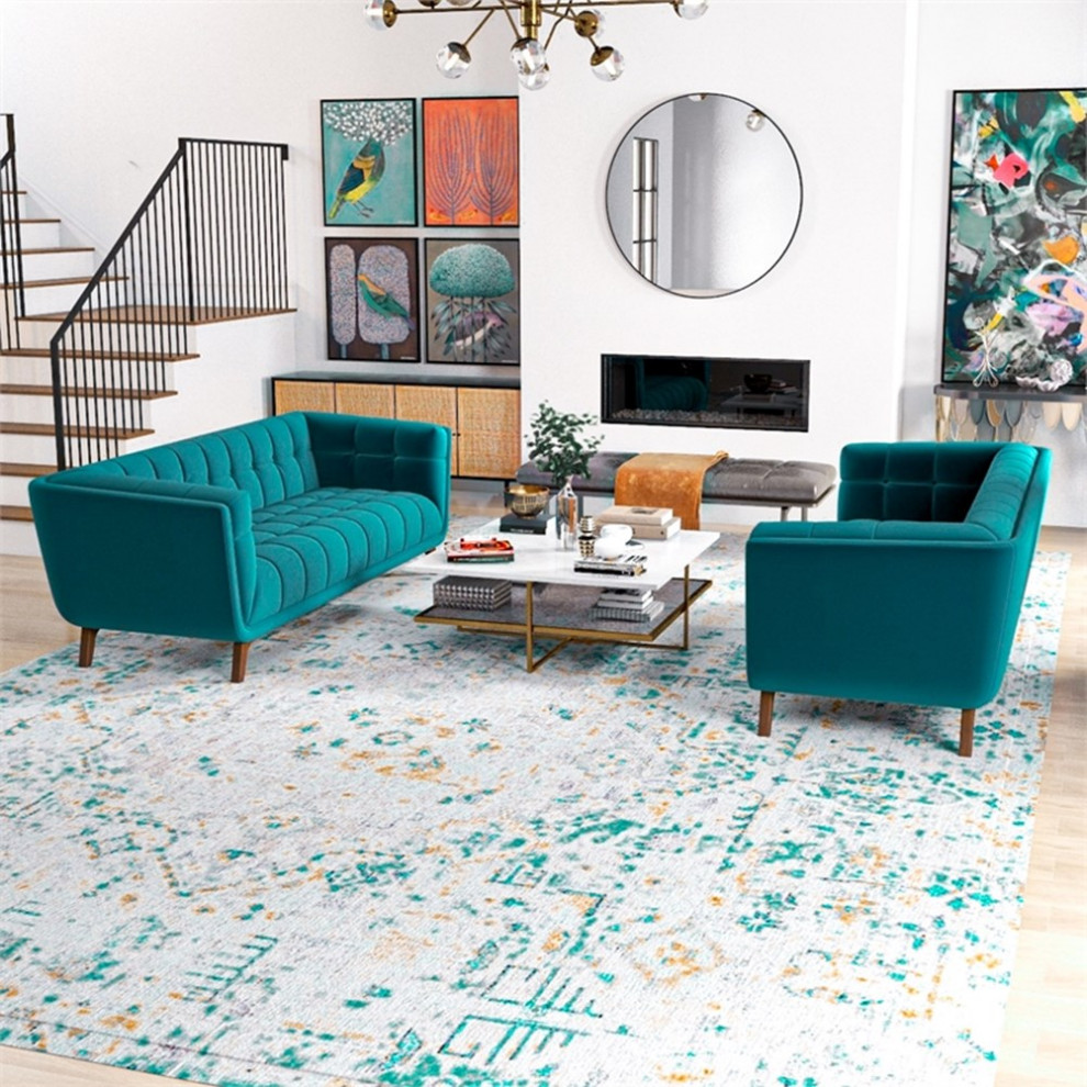 Kartmes Mid Century Modern Living Room Velvet Sofa Set in Turquoise   Midcentury   Living Room Furniture Sets   by Homesquare  Houzz