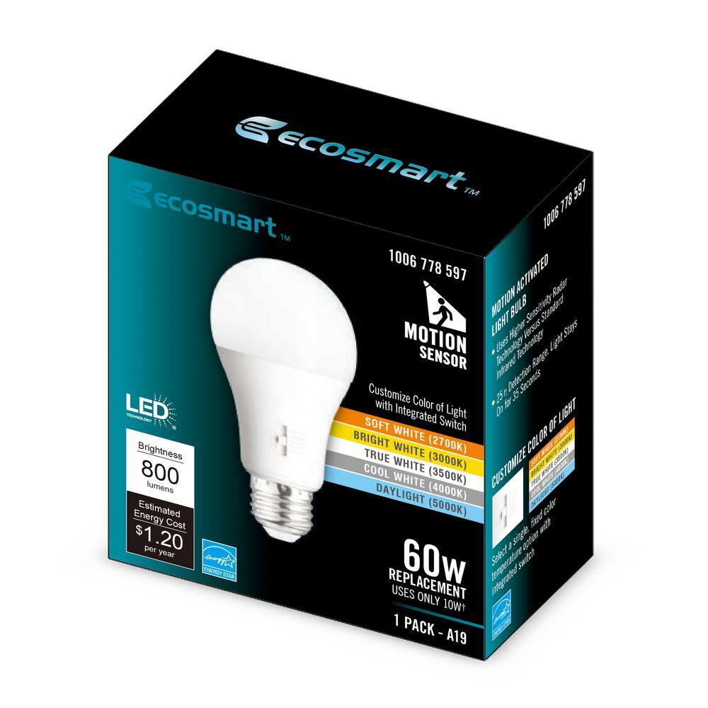 EcoSmart 60-Watt Equivalent A19 Dimmable CEC Motion Sensor LED Light Bulb with Selectable Color Temperature (1-Pack) 11A19060WCCTM01