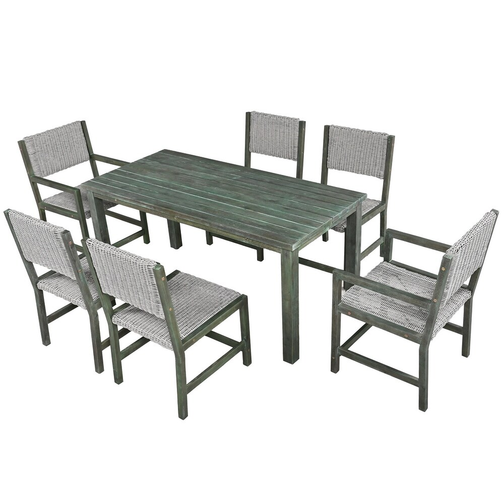 6 Person Acacia Wood and Rattan Outdoor Dining Table and Chairs Set