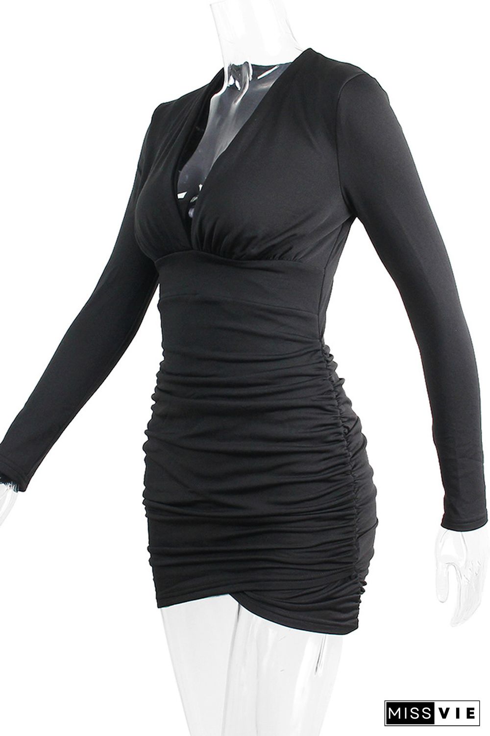 Black V Neck Ruched High Waist Bodycon Dress