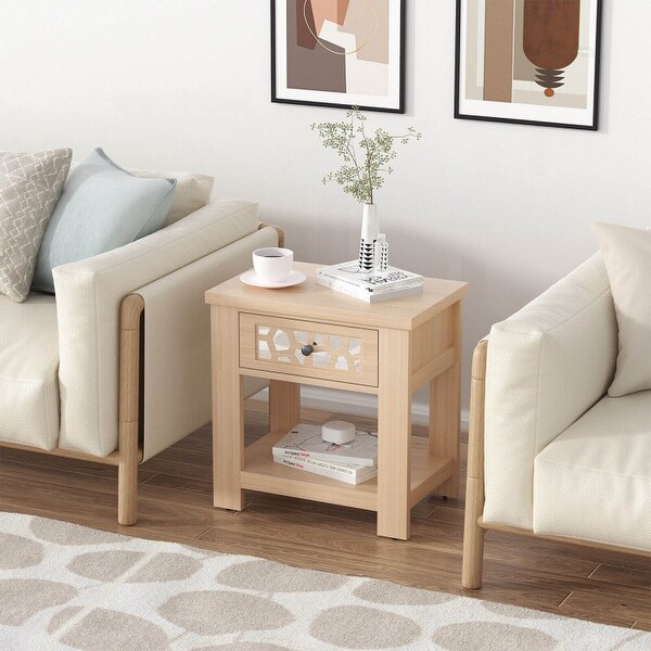 Wood Retro End Table with Mirrored Glass Drawer and Open Storage Shelf-Brown - 23.5