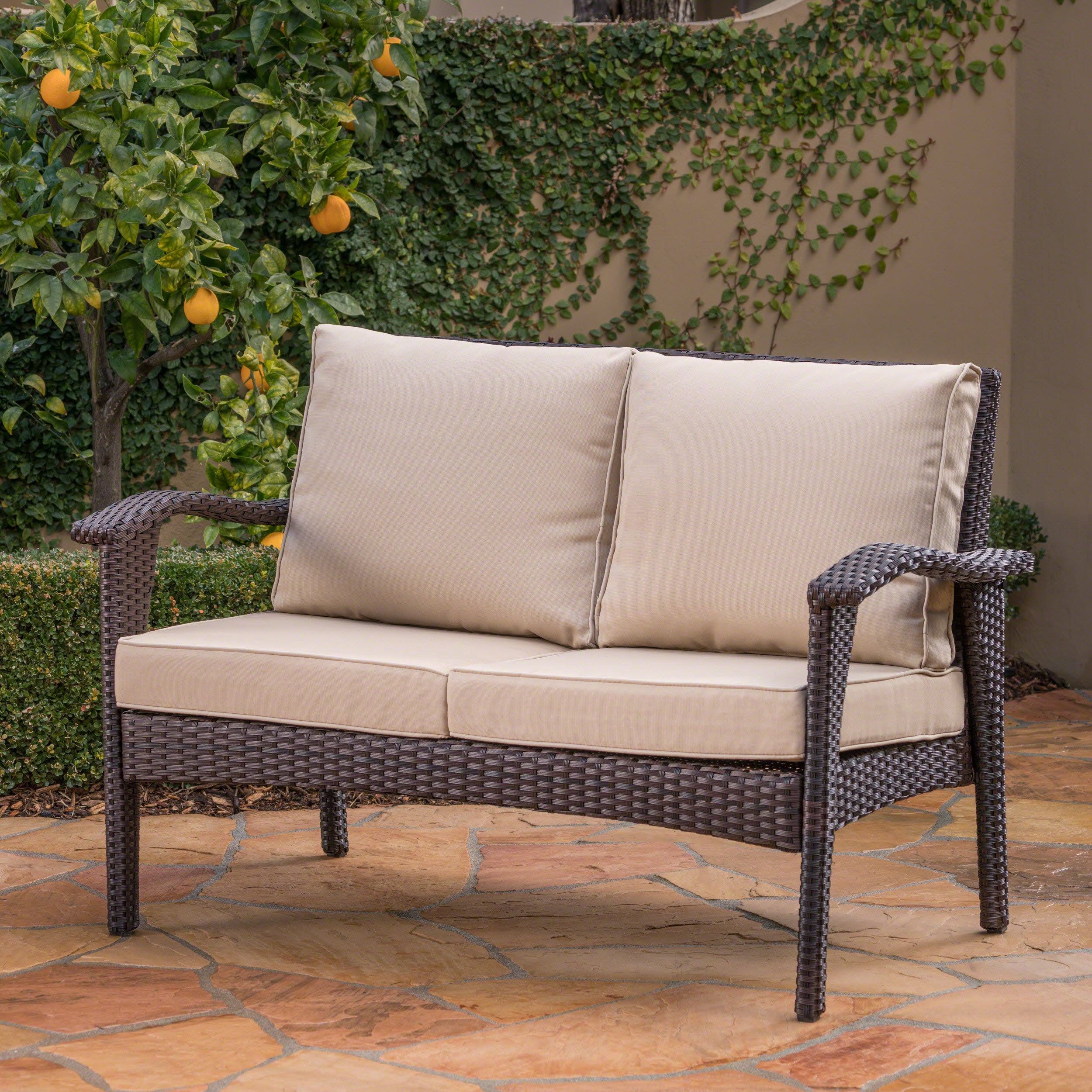 Hilary Outdoor Brown Wicker Loveseat with Water Resistant Cushions