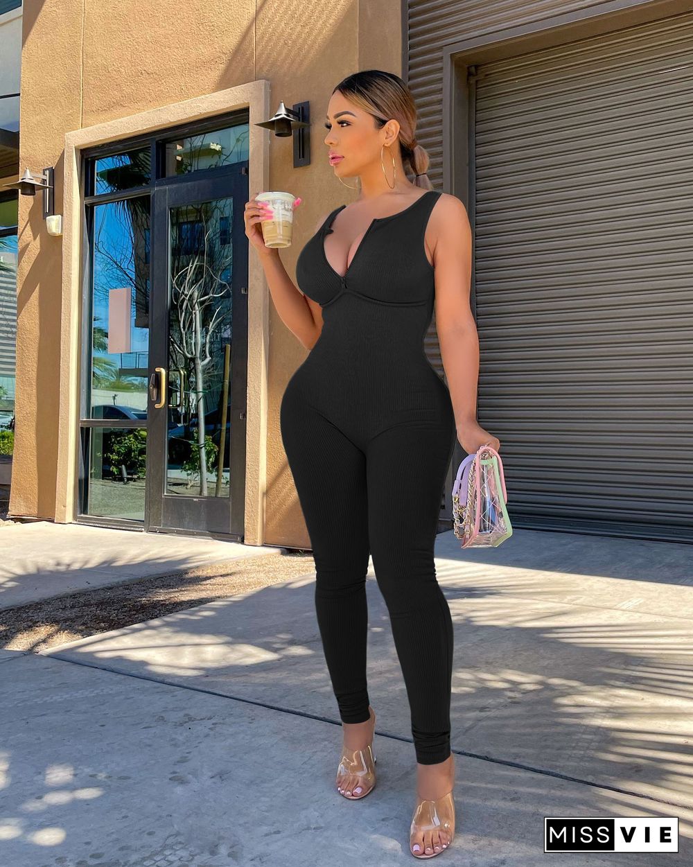 Tank Top Thread Casual Solid Color Jumpsuit