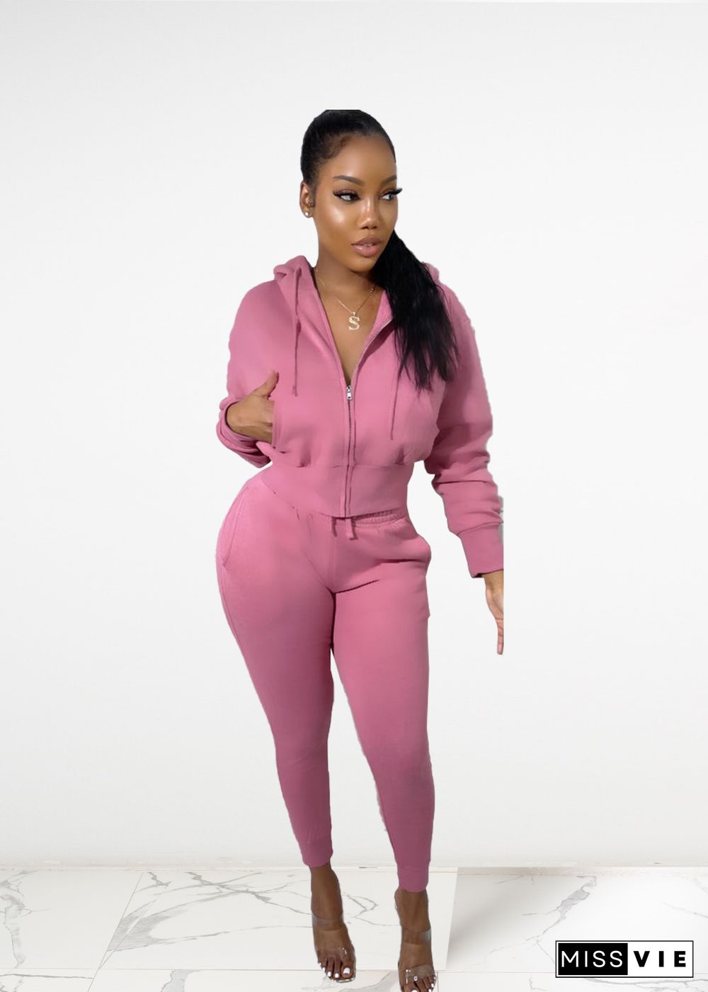 Casual Zip Hooded Coat And Pants Two Piece Set