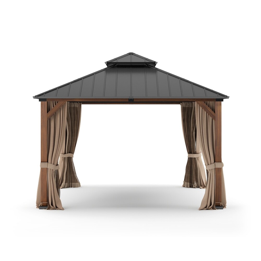 Outdoor Hardtop Aluminum Patio Gazebo with Curtains Steel Double Roof Pergolas