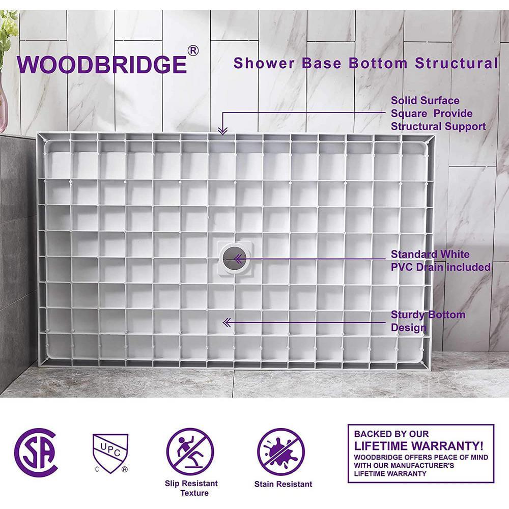 WOODBRIDGE 48 in x 32 in Solid Surface Single Threshold Center Drain Shower Pan with Stainless Steel Linear Cover in White