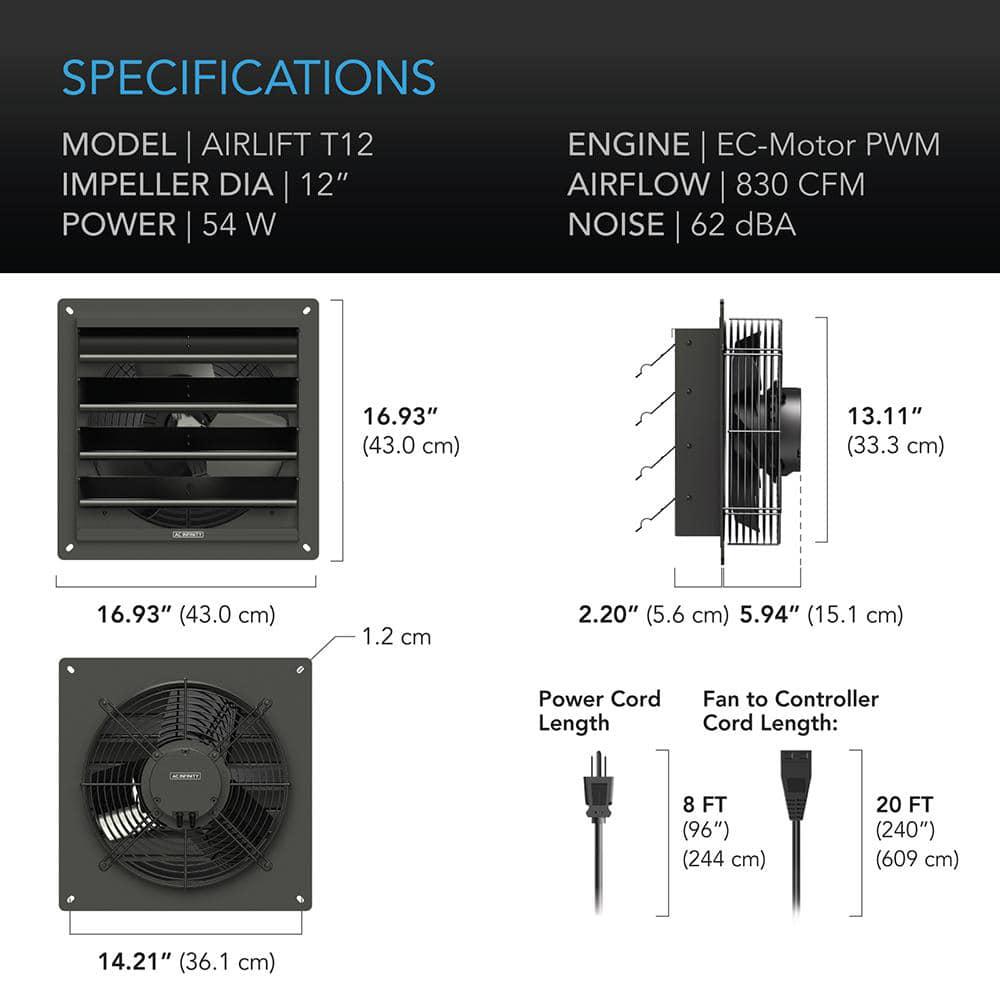 AC Infinity Airlift T12 830 CFM 12 in Indoor Wall Mount Shutter Exhaust Fan with Temperature Humidity Controller