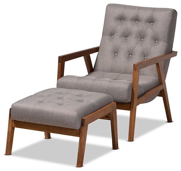 Naeva Gray Fabric Upholstered Walnut Wood 2 Piece Armchair and Footstool Set   Midcentury   Armchairs And Accent Chairs   by GwG Outlet  Houzz