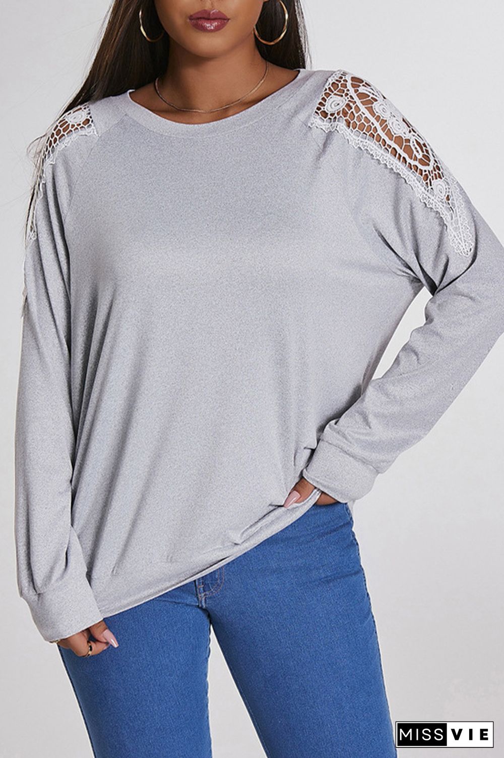 Plain Lace Patckwork Sleeve Plus Size Top