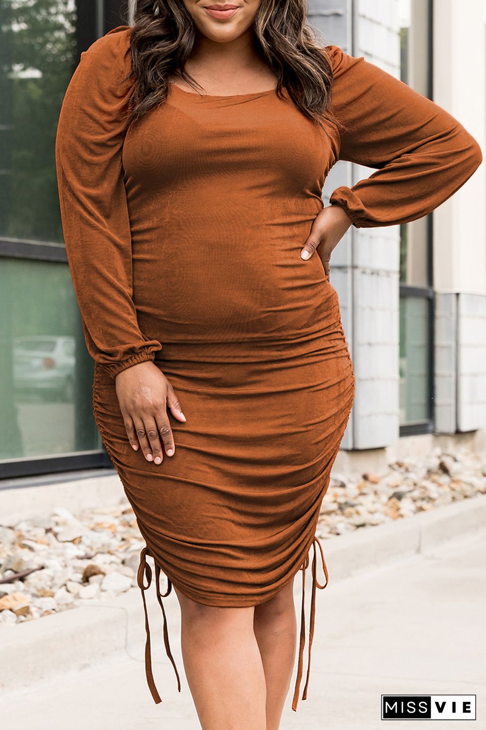 Plus Size Ruched Drawstring Bodycon Dress