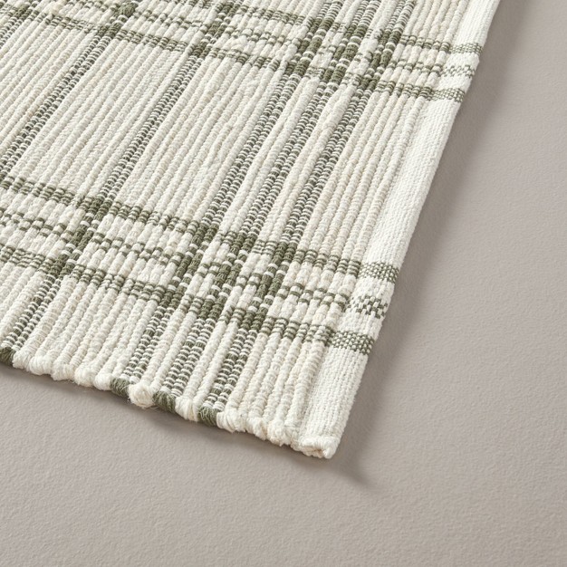 Tri stripe Plaid Handmade Woven Area Rug Green cream With Magnolia