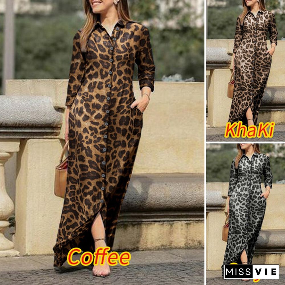 VONDA 3 Colors Women Casual Leopard Print Long Maxi Dresses Vintage Long Sleeve Button Up Lapel Collar Shirts Vestido Plus Size