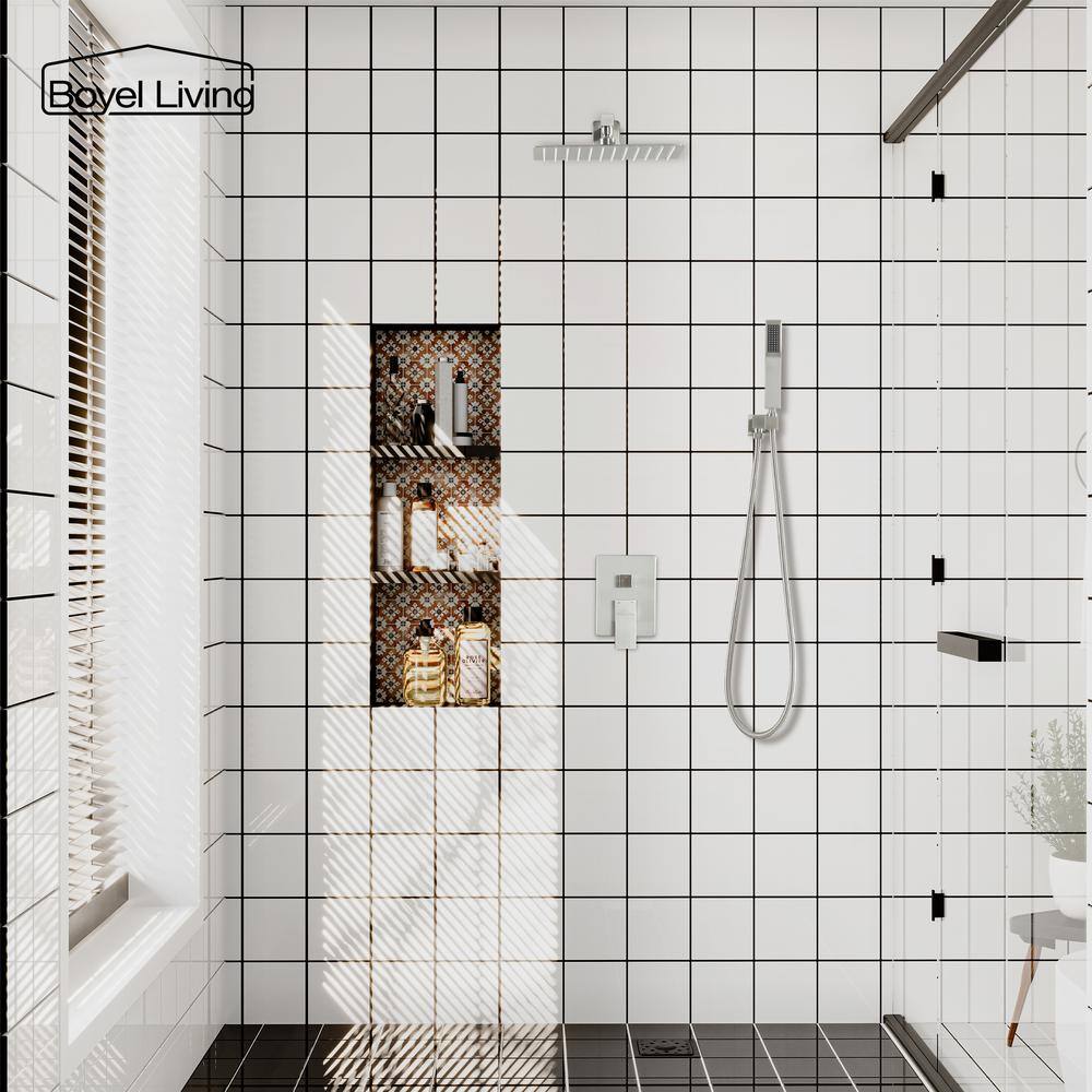 Boyel Living 1-Spray Patterns with 2.5 GPM 12 in. Square Wall Mount Dual Shower Heads with Pressure Balance Valve in Brushed Nickel MS-A3803-12BN