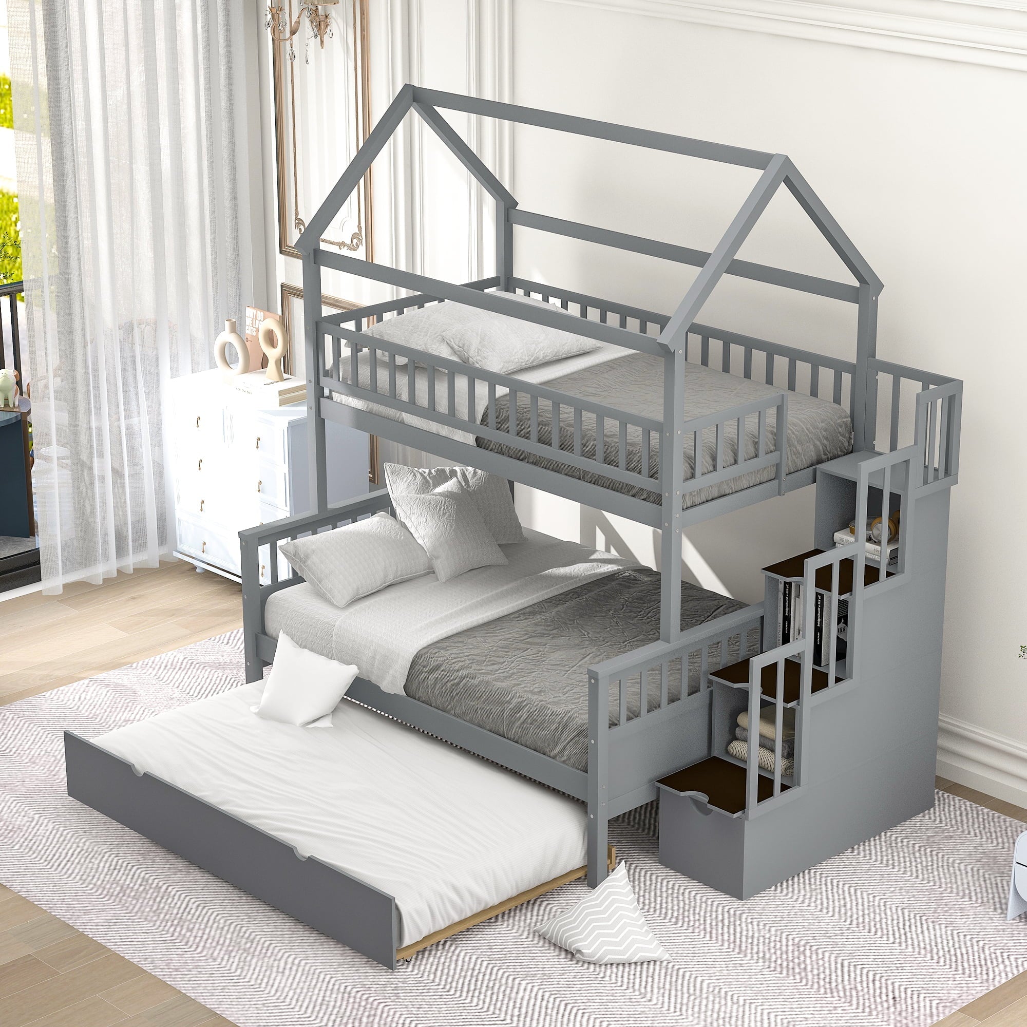 EUROCO Twin over Full House Bunk Bed with Trundle for Kids, Gray