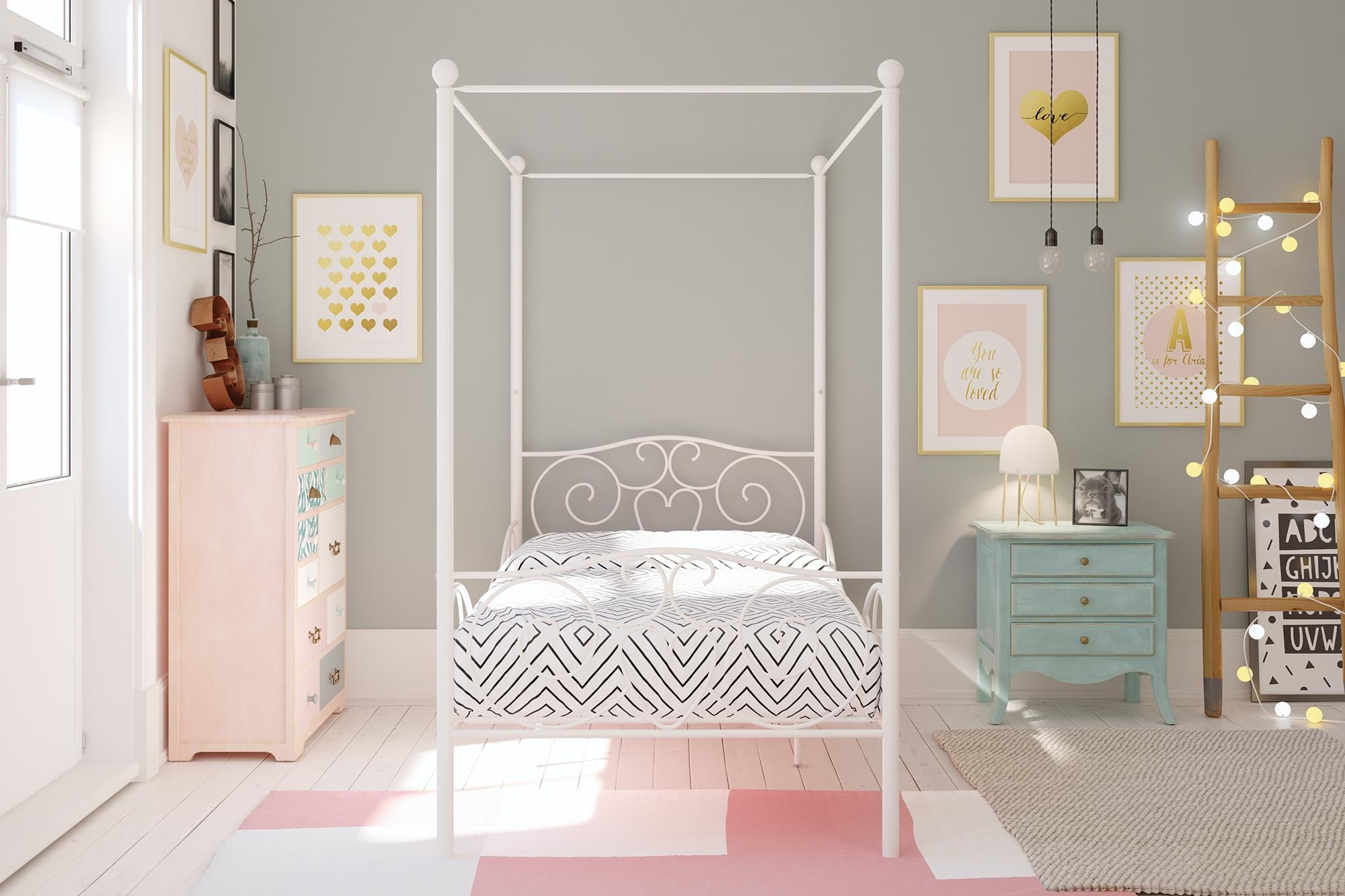 Elm & Oak Metal Canopy Kids Poster Bed, Twin, White