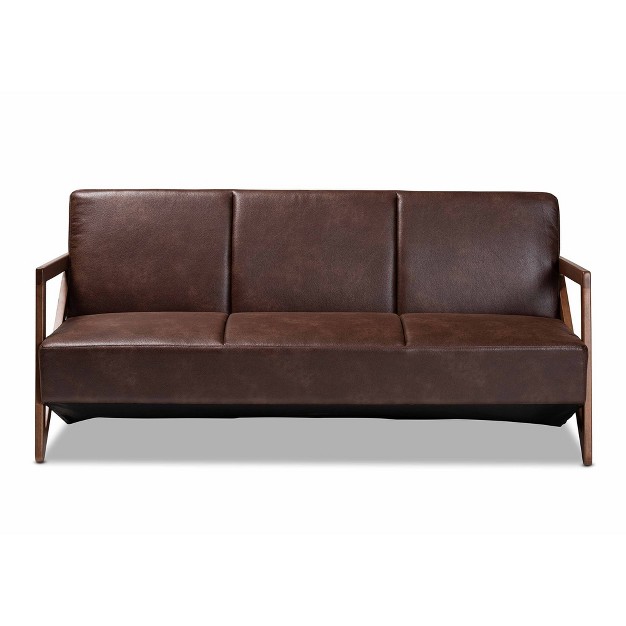 Christa Faux Leather Effect Fabric Upholstered Wood Sofa Dark Brown walnut Brown Baxton Studio