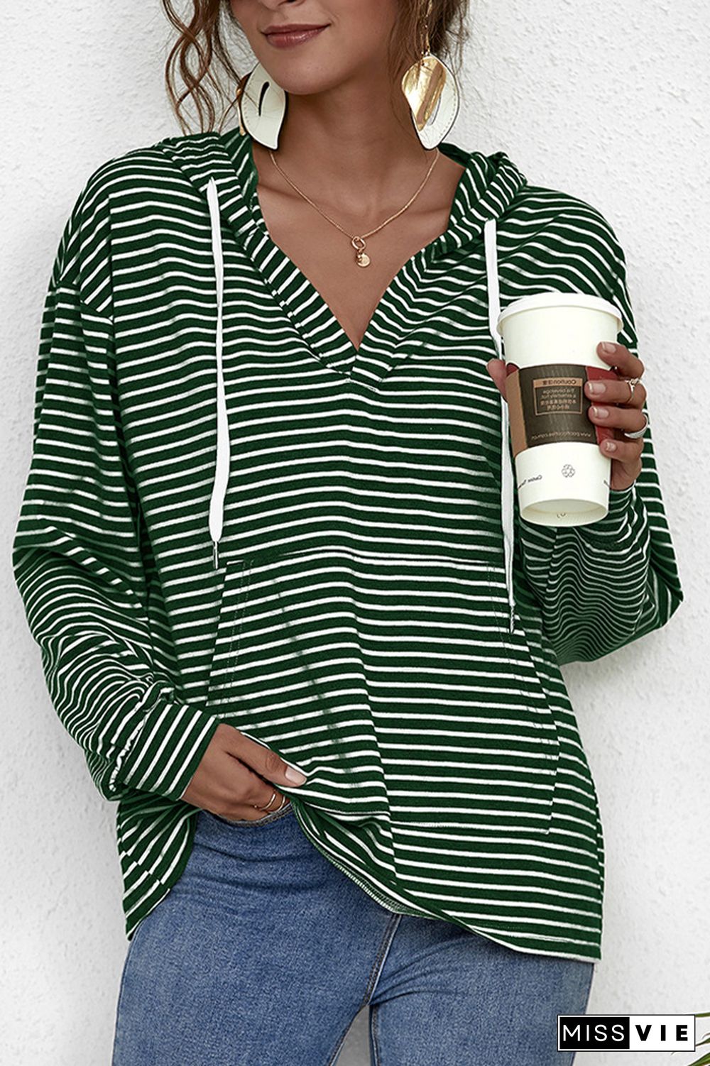 Stripes V Neck Front Pocket Drawstring Hoodies Wholesale