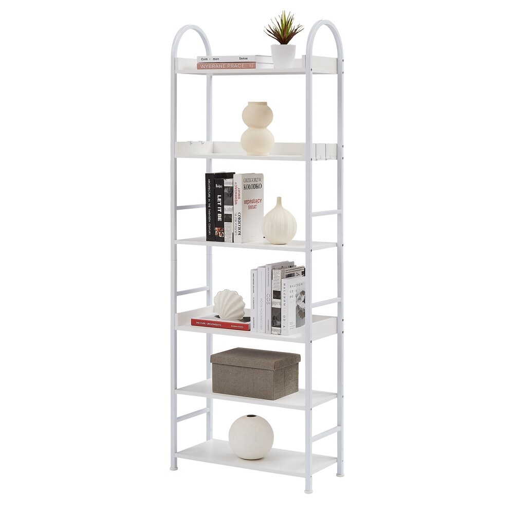 70.8 Inch Tall Bookshelf  MDF Boards 6 tier Shelves with Round Top Frame Adjustable Foot Pads