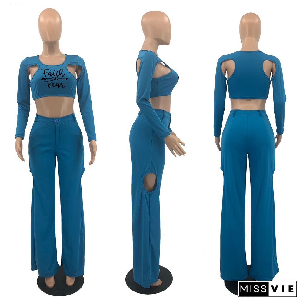 Cut Out O Neck Crop Top Wide Leg Pants Two Piece Set