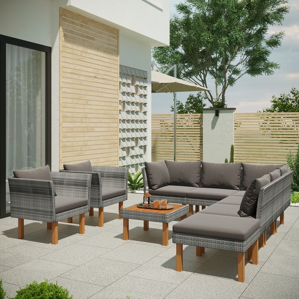 9 Piece Outdoor Patio Garden Wicker Sofa Set  Gray PE Rattan Sofa Set  with Wood Legs  Acacia Wood Tabletop  Armrest Chairs