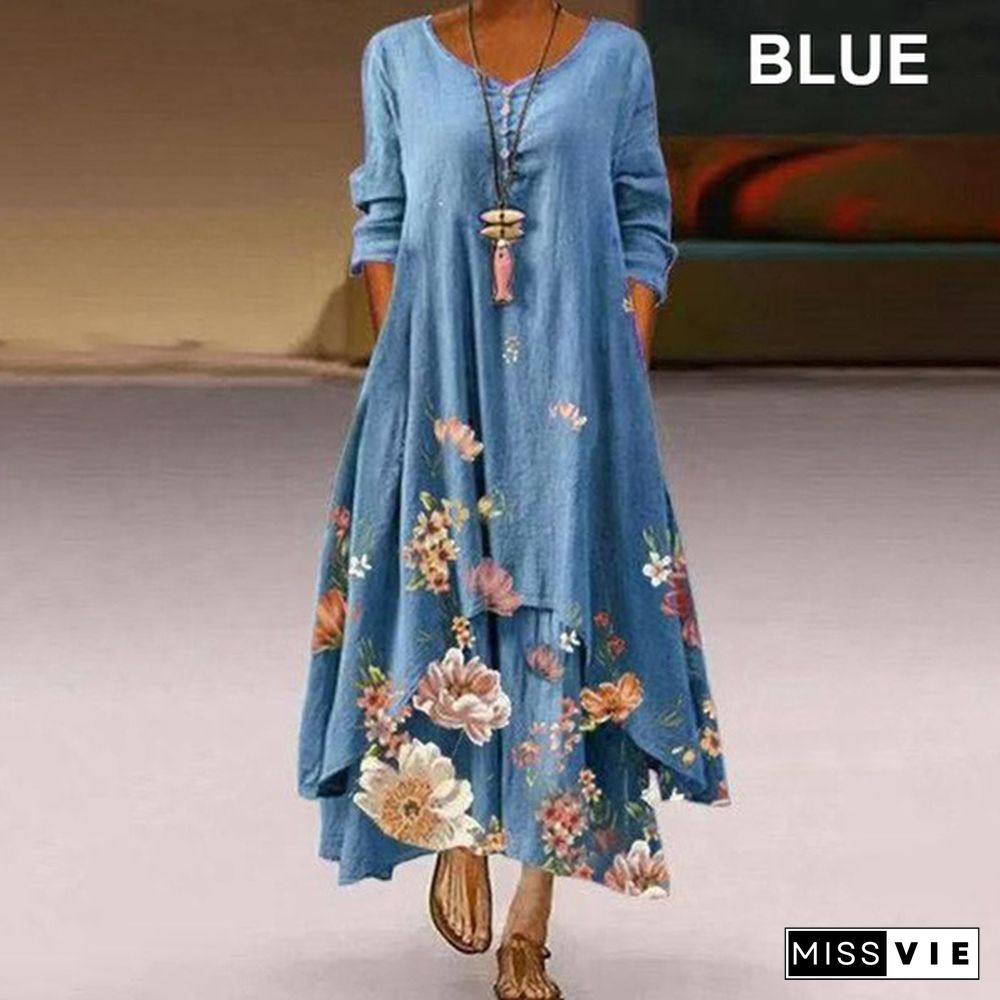 Women Casual Floral Print Long Sleeve Round Neck Double Layer Maxi Dresses Floral Casual Ethnic Style Loose Long Dress